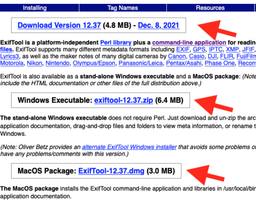 ExifTool インストーラーの場所